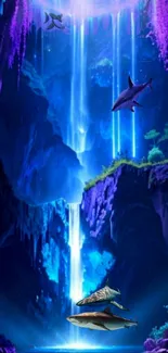 Mystical wallpaper with glowing waterfall and sharks swimming in a cave setting.