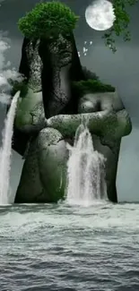 Mystical scene of waterfall from a moonlit rock with foliage.