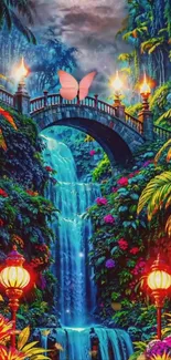 Fantasy waterfall scene with lush jungle and illuminated bridge.