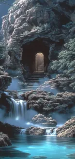Mystical waterfall cave entrance with natural beauty.