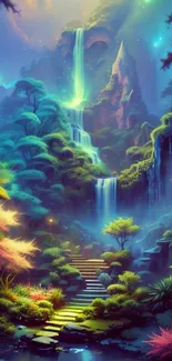 Mystical waterfall with vibrant plants in a fantasy landscape.