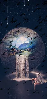 Fantasy dreamscape wallpaper with waterfall and floating island.