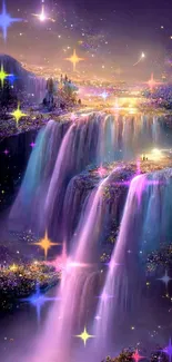 Mystical waterfall art with purple and blue hues in a starry landscape.