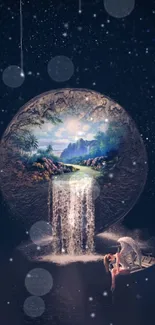 Mystical fantasy wallpaper with waterfall and galaxy.