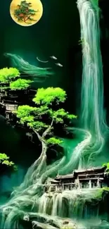 Mystical waterfall fantasy landscape with trees.