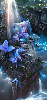 Fantasy waterfall with glowing blue flowers and cascading water.