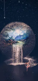 Fantasy scene with a mystical waterfall and enchanting landscape.