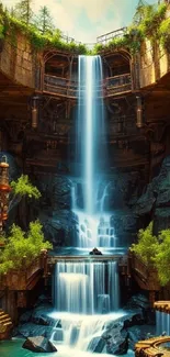 Mystical fantasy scene with waterfall and golden architecture.