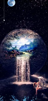 Mystical wallpaper featuring a surreal waterfall and cosmic night sky.