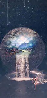 Mystical waterfall flowing from a cosmic orb in a galaxy-themed wallpaper.