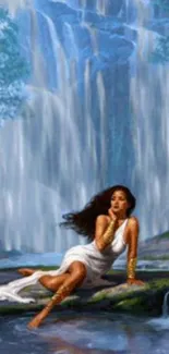 Fantasy art of a goddess by a cascading waterfall.