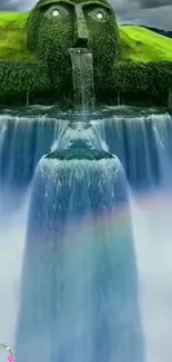 Green head sculpture with waterfall in a serene natural setting.