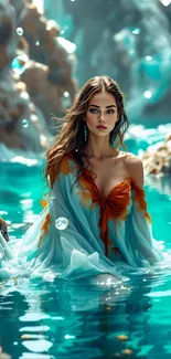 Woman in colorful dress standing in turquoise waters.