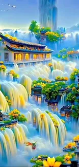 Colorful fantasy landscape with waterfalls.