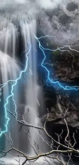 Mystical waterfall with moon and lightning strikes.