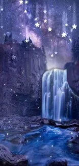 Mystical waterfall under a starry night sky, blending nature with fantasy.