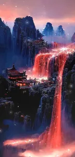 Mystical scene with bright red waterfalls and illuminated temples at night.