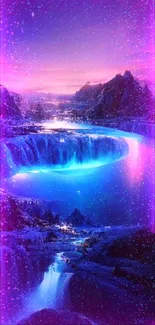 Mystical blue waterfall under a starry night sky with mountains.