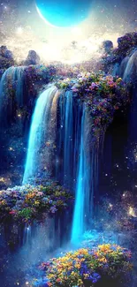 Mystical waterfall with blue hues under a moonlit night sky.