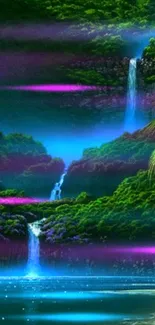 Lush waterfall oasis wallpaper with vibrant colors and mystical ambiance.