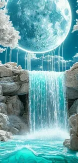 Mystical waterfall under a glowing moonlit sky.
