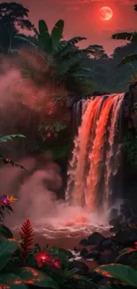 Jungle waterfall under a red moonlit sky, surrounded by lush foliage.