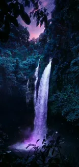 Mystical waterfall surrounded by lush forest under twilight skies.