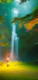 Mystical forest waterfall with glowing scenery.