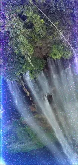 Mystical waterfall with vibrant colors and purple hues.