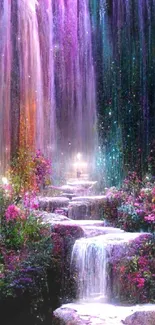 Mystical waterfall with vibrant flowers and colorful glow.