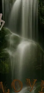 Mystical waterfall with fairy and 'Love' text in forest.