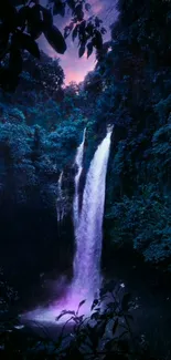 Mystical waterfall at twilight with vibrant forest and purple sky.