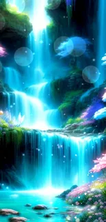 Mystical waterfall with vibrant colors in a fantasy forest landscape.