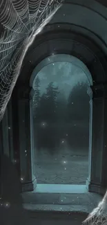 Mystical doorway with cobwebs and dark forest background, exuding ethereal ambiance.