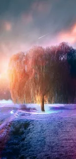 Mystical weeping willow with glowing lights under a colorful sky.