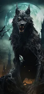 A mystical werewolf under a full moon with a gothic castle in the background.