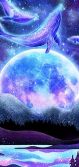 Mystical whales soar over a moonlit galaxy with vibrant purple and blue hues.