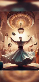 Intricate whirling dervish dance under ornate dome.