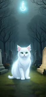 Glowing white cat in a foggy, moonlit cemetery with gravestones.