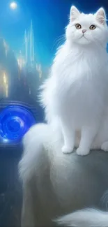 White cat sitting against a blue, futuristic backdrop.