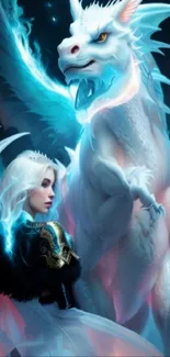 Fantasy art with white dragon and mystical figure.