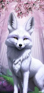 Mystical white fox in a pink cherry blossom forest.