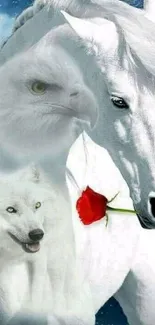 White horse, eagle, and wolf with red rose in mystical wallpaper.