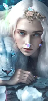 Mystical white lion and serene woman in a blue, floral digital art setting.