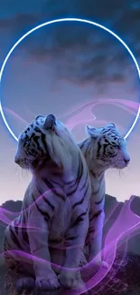 White tigers with a glowing neon ring in a mystical fantasy setting.