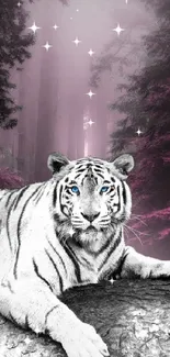 White tiger in mystical pink forest background.