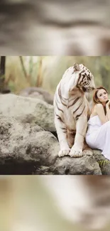 Serene white tiger with woman in forest setting.