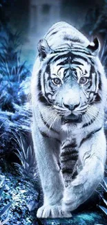 Mystical white tiger in a blue forest setting with vibrant colors.