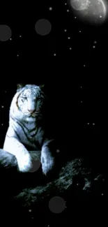 Mystical white tiger resting under a moonlit night sky.