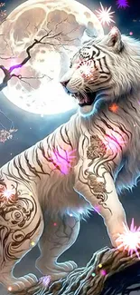 Mystical white tiger with tattoos under a luminous full moon on a branch.